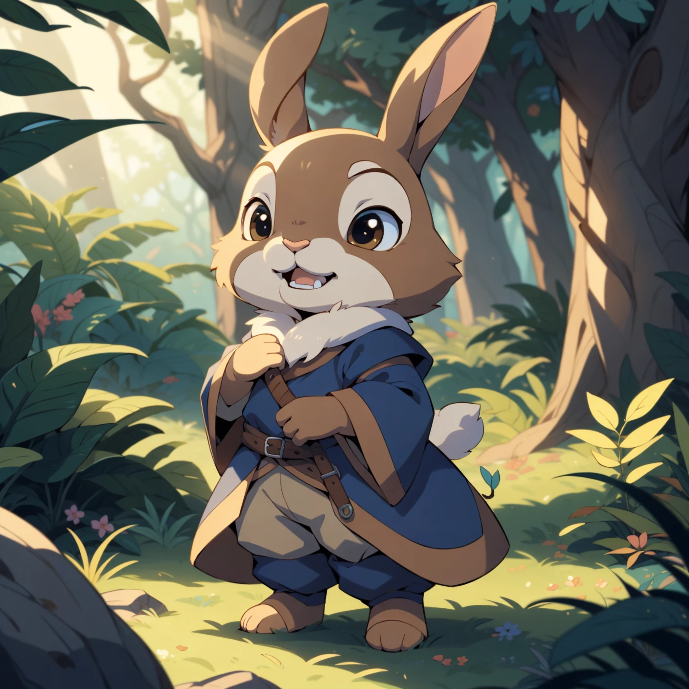 by Rumiko Takahashi, best quality, masterpiece, ,chibi,soft lighting,chibi friendly rabbit mage , solo,rabbit tooth, difference in size,long ears, wandering in forest, (wearing medieval clothes)+,vibrant colors,brown fur, fluffy, half closed eyes, depth of field,countershading, close up