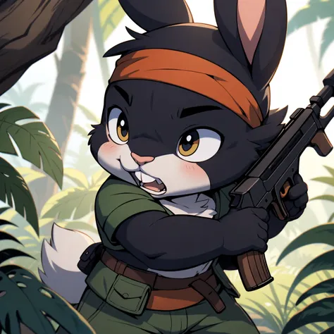 by Rumiko Takahashi, best quality, masterpiece, ,chibi,soft lighting, raging rabbit soldier,screaming, holding rifle, white warpaint, solo, muscled, difference in size,long ears, in jungle, (wearing rambo outfit, headband)+,vibrant colors,black fur, fluffy, depth of field, countershading, close up