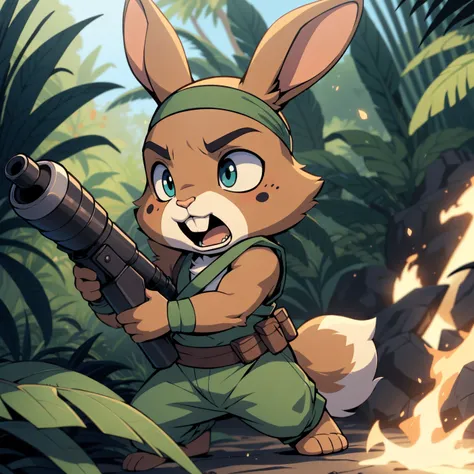 by Rumiko Takahashi, best quality, masterpiece, ,chibi,soft lighting, raging rabbit soldier ,screaming, holding minigun, warpaint, solo, muscled, difference in size,long ears, in jungle, (wearing rambo outfit, headband)+,vibrant colors,brown fur, fluffy, depth of field,countershading, close up