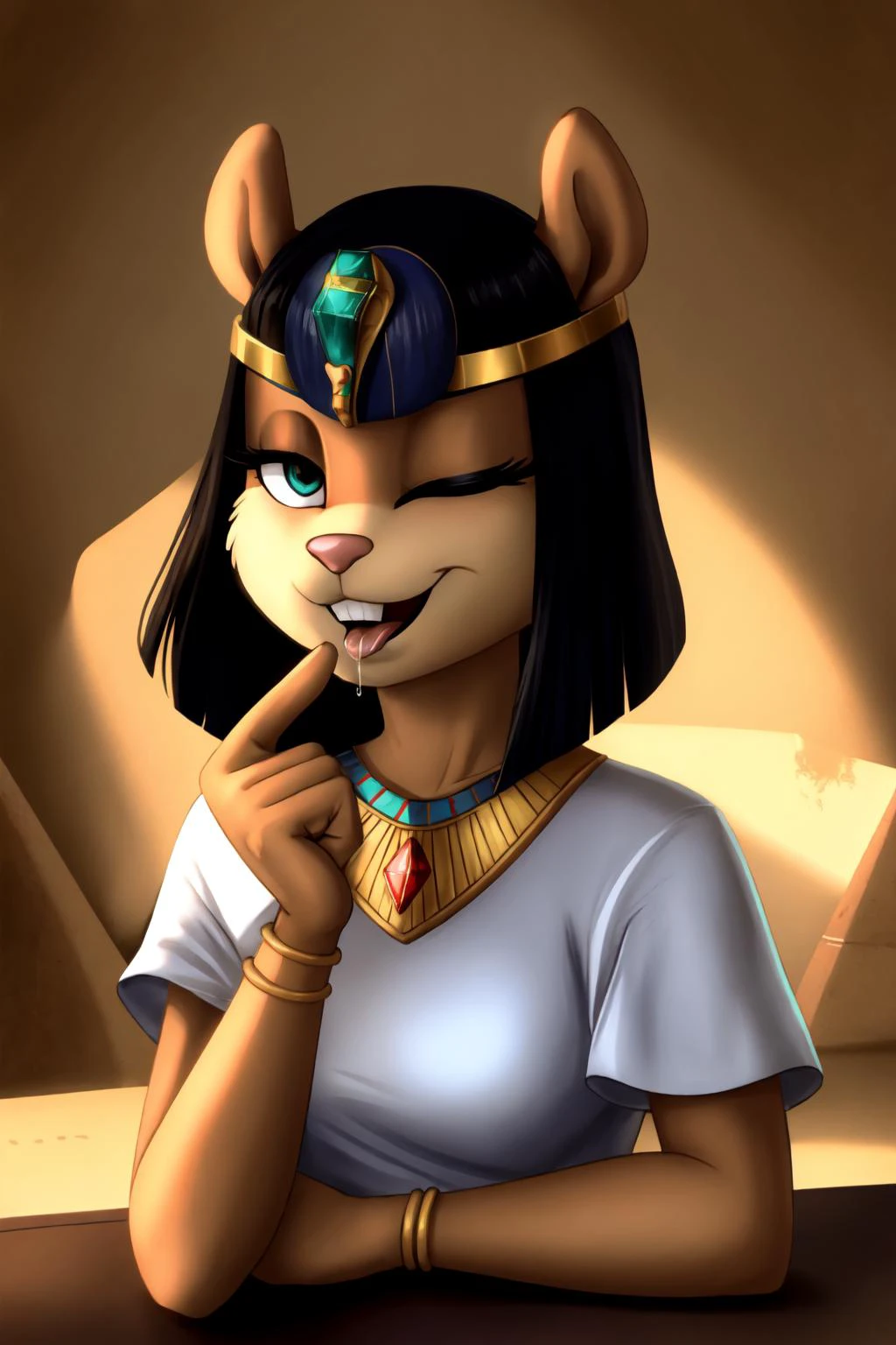 portrait, (sandy-cheeks), ancient egyptian clothes, (sparkling clothes),
(black egyptian hair:1.2), side bangs, (smug face:1.2), one eye closed, glowing eye,
(detailed trimmed hair), (squirrel fluffy tail:1.2), (detailed fluffy fur:1.3), (detailed perfect eyes),
hair egyptian headpiece, (pointing own mouth:1.2), blush, saliva on mouth,
(majestic:1.2), masterpiece:1.2), (highly detailed:1.2), (intricate:1.2), (best quality:1.2),(8k:1.2), (photographic:1.2)
dramatic light, vivid colors,
hanging breast rest under clothes, shiny jewelry made of (diamonds, ruby, emerald, sapphire), (lapis lazuli \(gemstone\) jewelry), (amazonite jewelry),
(background decorated art deco hieroglyphics glass:1.2),
<lora:AncientEgyptianClothes:1> <lora:Sagging Breasts v1:1> <lora:sandy-cheeks-v1:1>