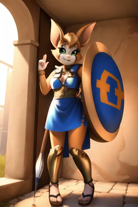 (fidget (elysian tail):1.3), medium boobs, submissive face, perfect hourglass body, (inviting gesture:1.2), gentle smile,
wearing linothorax armor, blue tunic, greaves, sandals, holding spear, holding shield,
hands up, grin,
<lora:Sagging Breasts v1:1> hanging breasts,
(masterpiece:1.2), (best quality:1.2), (intricate:1.2), (highly detailed:1.2), (sharp:1.2), (8k:1.2), (highres:1.2),
cinematic summer lighting, vivid colors,
ancient greek background
<lora:linothorax:0.7>
<lora:fidget6.2:0.7>