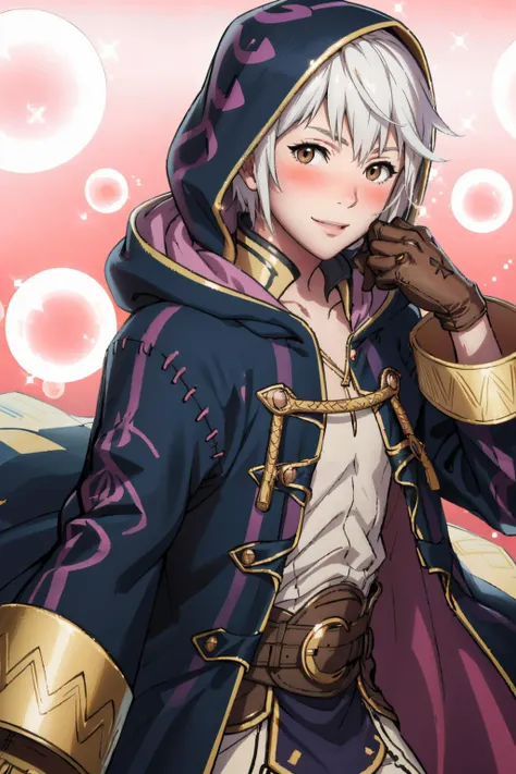 masterpiece, best quality,  <lora:FEA S Rank:1> pink background, bubble, sparkle, blush, looking at viewer  <lora:fireemblem_robin_male-11:0.9> malerobin, brown eyes, wizard, robe, hood, pants, gloves, smile, male focus, white hair