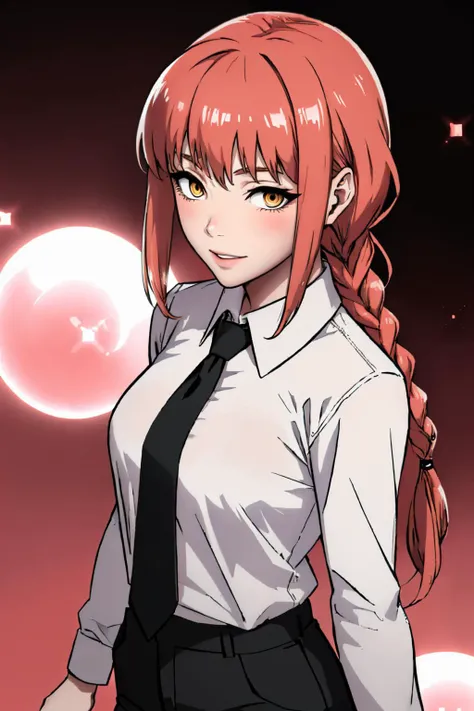 (masterpiece, best quality:1.2), solo, 1girl, makima, smile, looking at viewer, braided ponytail, ringed eyes, collared shirt, black necktie, black pants, pink background, bubble, sparkle <lora:csm_makima:1> <lora:FEA S Rank:1>