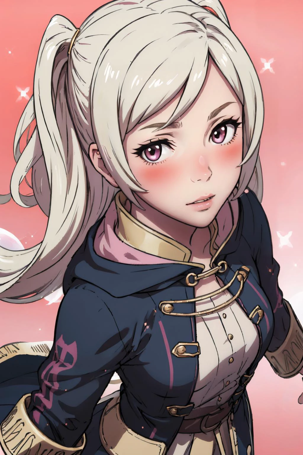 masterpiece, best quality, <lora:FEA S Rank:1> pink background, bubble, sparkle, blush, looking at viewer <lora:f-robin-fef:0.9> robin fe, from above