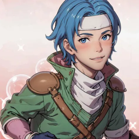masterpiece, best quality, 1boy, smile, solo, looking at viewer, blush,<lora:FEA S Rank:1>, pink background, bubble, sparkle, <lora:Ronan:1>, ronanfe, armor, headband, gloves, pants, blue eyes, blue hair,