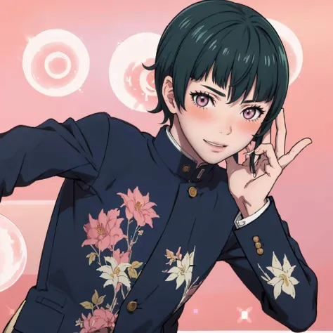 masterpiece, best quality, 1boy smile, solo, blush, looking at viewer, <lora:SMTVprotag_fp:1>, smtvprotag, school uniform, gakuran, floral print, pants, <lora:FEA S Rank:1>, pink background, bubble, sparkle, upper body,