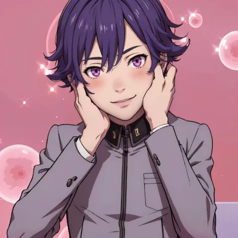 masterpiece, best quality, 1boy, smile, solo, looking at viewer, blush,<lora:FEA S Rank:1>, pink background, bubble, sparkle, <lora:NaoyaV3:1>, Naoya, school uniform, pants, hand on own face, purple eyes,