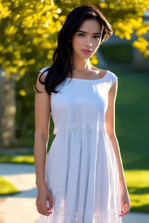 (Realistic:1.5),(raw photo:1.4), (photorealistic:1.3),(masterpiece:1.2), best quality, highest quality, extremely detailed 8k wallpaper, detailed and intricate, original, (1girls), Angel, (portrait of young gorgeous girls wearing dress:1.5), (white sexy sundress:1.3), detailed eyes (perfect face), (perfect detailed red lips), (perfect white teeth), (black hair), (wavy hair), (high detailed skin:0.9), seductive posture, alluring, barely smiling, naughty smile, shy, frightened, , standing on the terrace of the cottage), dark wood interior, an old large Iranian carpet on the floor, a stained glass partially open window showing a flower and lake in the background, cinematic lighting, looking at the viewer, masterpiece, high quality, 8K, beautiful design, shiny, from the front, award-winning photo, extremely detailed, amazing, fine detail, absurdres <lora:Angelkaramoy:1>