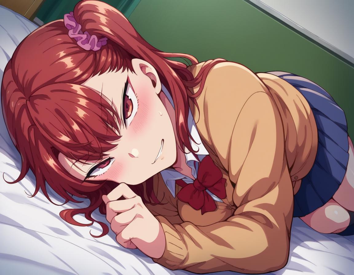 Anime girl laying on bed with her head on her hand - SeaArt AI