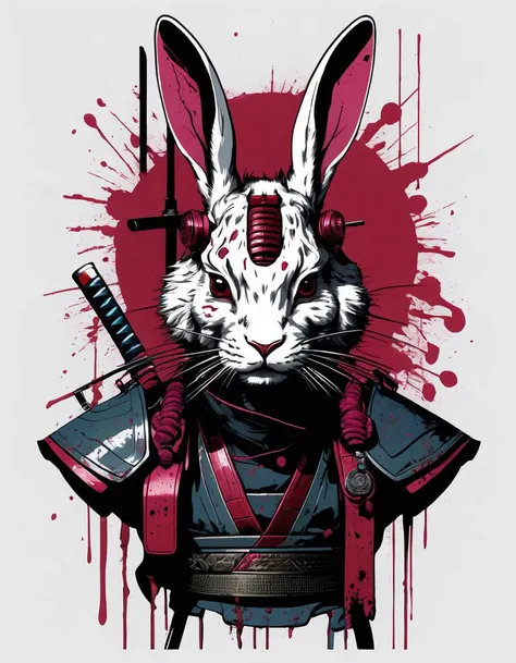 cyberpunk rabbit samurai graphic art, blood splattered, detailed, realistic, 8k uhd, high quality