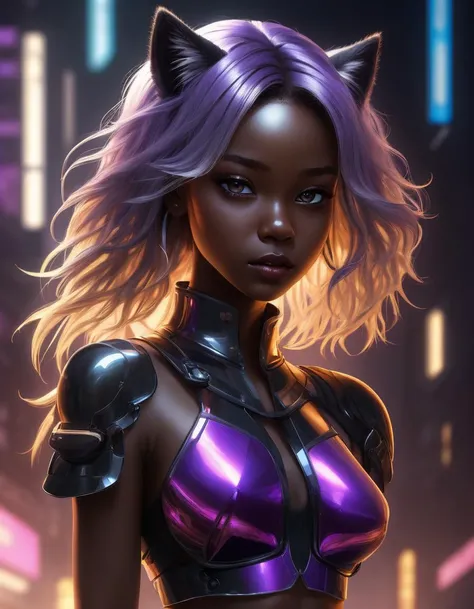 (masterpiece:1.1), (highest quality:1.1), (HDR:1.0), negative space, black background, (ultra-detailed, immaculate:1.3), epic, illustration, 1girl, (resourceful:1.3) cute catgirl, [:costume design:0.2], official art, dramatic violet lighting from above, in a wonderful, African megacity, messy hair, glowing blonde hair, medium hair, from side
, detailed, realistic, 8k uhd, high quality