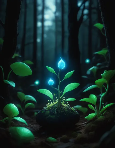 bioluminescent sprout in a dark theme forest, detailed, realistic, 8k uhd, high quality