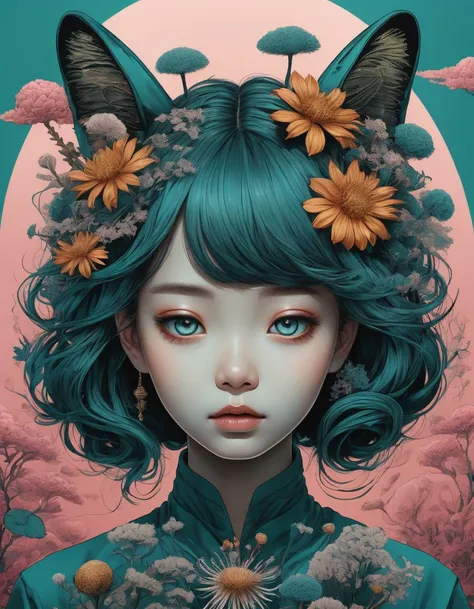 (abstract art:1.2), fractal art, psychedelic art, (style of Yuko Shimizu:1.1), teal theme, dark theme, 1girl, flowers, animal ear fluff, hair ornament, somber expression, dark teal accent, masterpiece, best quality, ultra high res, award-winning art, highly detailed, beautiful, aesthetic
, detailed, realistic, 8k uhd, high quality