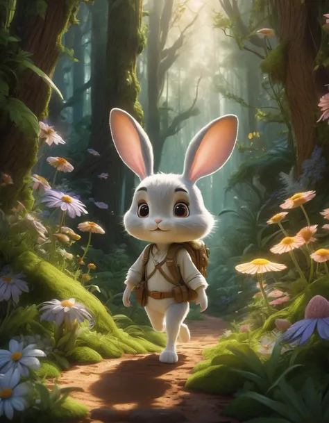 A sunny afternoon in a magical forest where an anthropomorphic bunny explorer encounters forest fairies. Rendered in Pixar style with abundant plants, flowers, idyllic weather, and volumetric lighting during golden hour.
, detailed, realistic, 8k uhd, high quality