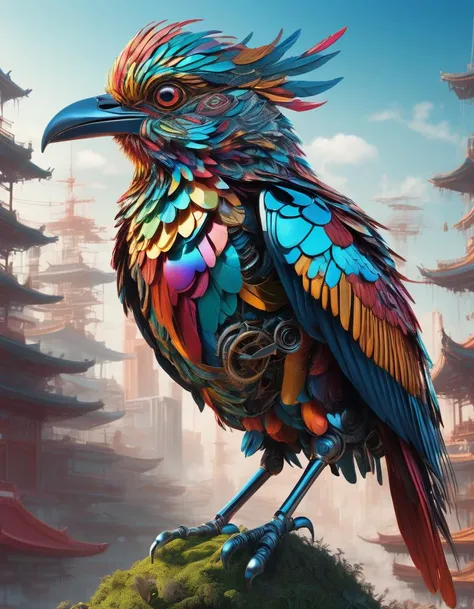 ((masterpiece)), ((best quality)), 8k, high detailed, ultra-detailed, An illustrative depiction of a mechanical bird, marked by strong, vibrant colors that create a visually striking image, mechanical bird, ((illustration)), ((vibrant colors)), ((visually striking)), metallic sheen, colorful plumage, bold skyline, abstract flora, light reflections, contrasting shadows
, detailed, realistic, 8k uhd, high quality