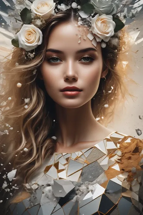 ultra detailed artistic abstract photography of geometrical woman face, Beautiful white rose flower on the seashore, sunny day, white cumulus clouds, detailed symmetric circular iris, shattered paper fragments, natural body posture, art by alberto seveso, by guy denning, by johannes itten, by russ mills, by gustav klimt, Symmetrical, abstract art style, intricate complex watercolor painting, sharp eyes, Digital painting, color explosion, Concept art, volumetric lighting, metallic reflections, 8k, by artgerm, Trending on Artstation, 16k resolution, 300 dpi, 600 dpi, 4k, Contest winner, High definition
, detailed, realistic, 8k uhd, high quality