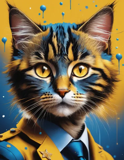 masterpiece, best quality, ultra high res, a cute cat, beautiful, visually stunning, elegant, incredible details, award-winning painting, high contrast, vector art, line art, splatter, flat color, color merge gradient, (kitten:0.7), (dark yellow theme:1.2), n3on, glowing, neon, (fluffy:1.2), top hat, cat eyes, serious, blue, detailed, realistic, 8k uhd, high quality