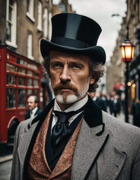 Victorian man, London, (sharp focus:1.2), extremely detailed, (photorealistic:1.4), (RAW image, 8k high resolution:1.2), RAW candid cinema, 16mm, color graded Portra 400 film, ultra realistic, cinematic film still, subsurface scattering, ray tracing, (volumetric lighting)
