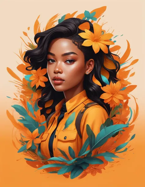 (masterpiece:1.0), (highest quality:1.12), (HDR:1.0), flat color, high contrast, time stop, merging colors, gradient, flat icon, toon, 1girl, hair ornament, 90's, (plants), professional, abstract shape background, pattern, spunk, retro, (electric, wave:0.9), style, (tan skin), yellow, orange
, detailed, realistic, 8k uhd, high quality