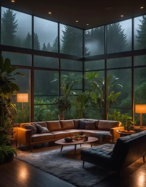 (masterpiece:1.1), (highest quality:1.1), (HDR:1.0), midcentury modern living room dimly lit with dark rainy evening outside, (foggy rainy evening:1.2), pacific northwest, (dim lighting:1.4), (moody lighting:1.2), plants, large plants, rainy, monstera, many plants, (foggy windows:1.2), masterpiece, best quality, twilight hour, (nighttime:1.4), rainy evening, after sunset
, detailed, realistic, 8k uhd, high quality