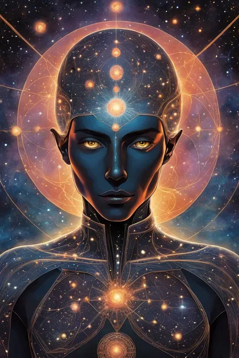 solo, upper body, looking at viewer, detailed background, detailed face, (glowing eyes:1.05), living star constellation, star sign, at peace, mythical, esoteric patterns, interstellar power, nebula, bloom, metaphysics, reincarnation, cosmic dust, cosmic space background, surreal esoteric atmosphere