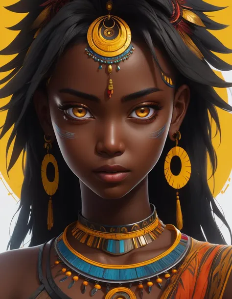 Ultra Detailed, big breast, 1girl, Official Art, Unity 8k Wallpaper, fanart, commissioned art, professional artist, digital art, alluring, face, ((flat color)), ((celshade)), african tribal girl, tribal people, dark skin, african race, african tribe, african culture, african skin