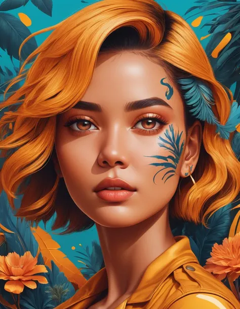 (masterpiece:1.0), (highest quality:1.12), (HDR:1.0), flat color, high contrast, time stop, merging colors, gradient, flat icon, toon, 1girl, hair ornament, 90's, (plants), professional, abstract shape background, pattern, spunk, retro, (electric, wave:0.9), style, (tan skin), yellow, orange
, detailed, realistic, 8k uhd, high quality