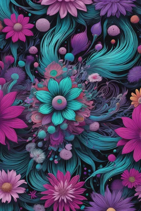 (abstract art:1.2), fractal art, psychedelic art, (style of Yuko Shimizu:1.1), aqua theme, dark theme, 1girl, flowers, animal ear fluff, (neon color), hyper fusion, cyber, hair ornament, somber expression, dark purple accent, masterpiece, best quality, ultra high res, award-winning art, highly detailed, beautiful, aesthetic
, detailed, realistic, 8k uhd, high quality