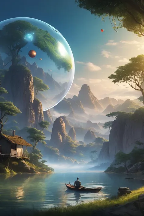 masterpiece:1.13), (extreme quality:1.0), a beautiful scenery landscape surrounding a single peaceful floating bubble, beautiful, rz88p4stl
, detailed, realistic, 8k uhd, high quality