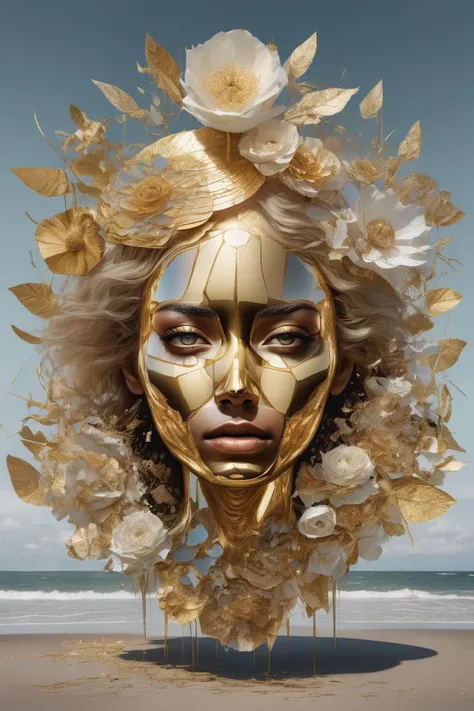 golden, ultra detailed artistic abstract photography of geometrical woman face, Beautiful white rose flower on the seashore, sunny day, white cumulus clouds, detailed symmetric circular iris, shattered paper fragments, natural body posture, art by alberto seveso, by guy denning, by johannes itten, by russ mills, by gustav klimt, Symmetrical, abstract art style, intricate complex watercolor painting, sharp eyes, Digital painting, color explosion, radiance, colorful, Concept art, volumetric lighting, metallic reflections, 8k, by artgerm, Trending on Artstation, 16k resolution, 300 dpi, 600 dpi, 4k, Contest winner, High definition, golden eyes, detailed, realistic, 8k uhd, high quality