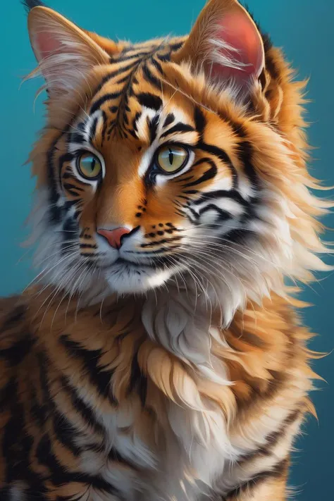 masterpiece, best quality, ultra high res, beautiful, visually stunning, elegant, incredible details, award-winning painting, contrast, deep shadow, tiger kitten, (bright tan theme:1.2), n3on, glowing, neon, (fluff:1.2), crown, short hair, white, detailed, realistic, 8k uhd, high quality
