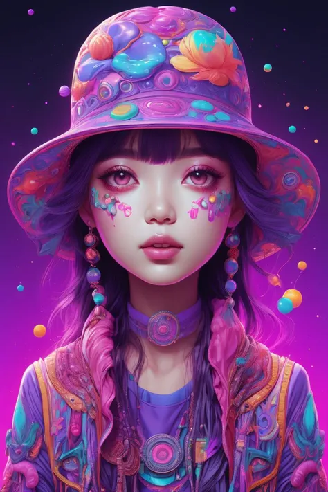 (psychedelic art:1.2), 1girl, upper body, hat, closed eyes, magenta and violet, cartoon, kawaii, large eyes, happy, stylish, ksmrm, detailed, realistic, 8k uhd, high quality
