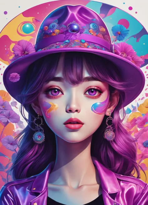 (psychedelic art:1.2), 1girl, upper body, hat, closed eyes, magenta and violet, cartoon, kawaii, large eyes, happy, stylish, ksmrm, detailed, realistic, 8k uhd, high quality