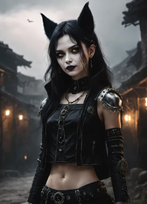 (Highest Quality, 4k, masterpiece, Amazing Details:1.1), wearing wear out gothic clothes, Shallow Depth of Field, E671, lens 50mm f/2.0, (wolf girl anthro), pircings, studded bracelet, (photorealistic) (RAW Photo)), angry, evil smile, ((gothic_circus)), detailed, realistic, 8k uhd, high quality