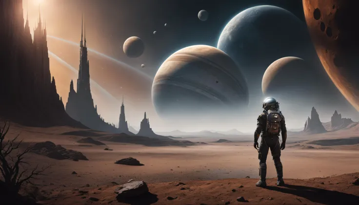 dramatic photo, close-up of explorer, alien planet in background, cinematic, detailed, realistic, 8k uhd, high quality