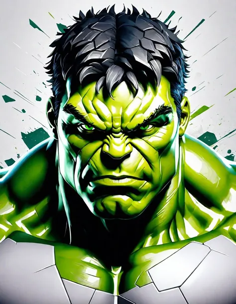 a design of (Hulk head), t-shirt art, white background, oilpaint effect, digital painting, soft lighting, bird's-eye view, isometric style, focused on the character, 4K resolution, photorealistic rendering, using Cinema 4D, front side, color splash, detailed, realistic, 8k uhd, high quality