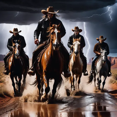 Ghost riders in the sky, windy, thunder, dark scenery and atmosphere, (heavy raining:1.4), dark harmonious and vibrant colors, (lightning:1.4), (high detailed:1.5), their faces gaunt, their eyes blurred, (old cowboy brownish clothes soaked with rain and sweat fluttering in the wind:1.2), on horses with (different coat colors:1.3) and (smoke comes out of the horse nose holes:1.2), horses foaming, reflections in the water and puddles on the road, water and mud splashes, (detailed skin:1.2), (detailed coat:1.2), canyon monument valley, in motion, award winning photo, realistic, uhd, dslr, 8k