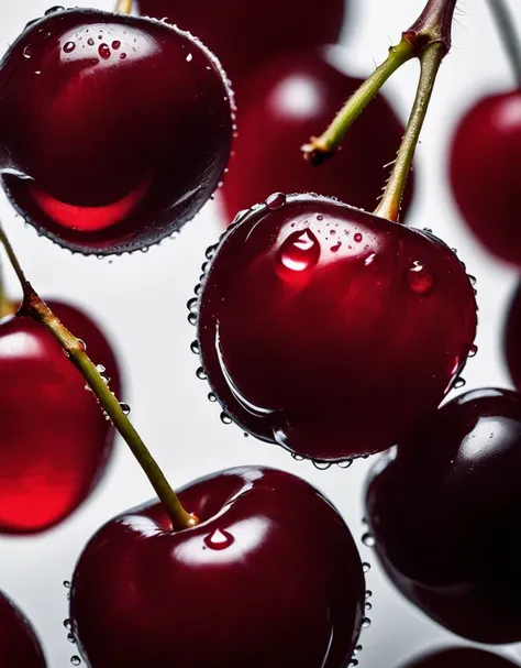 a juicy bunch of cherries, dark red, water, drops, mouth-watering, translucent red, macro, (extreme close-up:1.4), black background, octane render, dim lighting, overhead spot light, 8k, photorealistic, unreal engine, best quality, outstanding composition, cinematic lighting, physics-based rendering, ultra high res, masterpiece, extreme detail, ultra detailed image