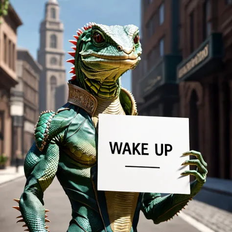 humanoid lizard man holding a sign with text of "Wake Up"
masterpiece, best quality, detailed, realistic, 8k UHD, high quality, lifelike, precise, vibrant, sharp focus, intricate detail, realistic