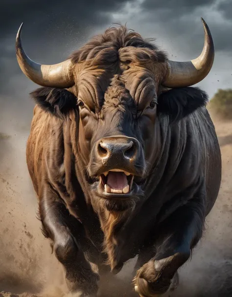 a raging angry charging wild bull, (looking at viewer:1.8), unimaginable fury, rage, spit mucus flying, intense eyes, earth shaking, storm, 8k dslr, sharp, tack sharp, intricate details, masterpiece, golden ratio, highest quality, HDR, photorealistic, insane quality, best quality, extremely detailed, highest detail, highly detailed, incredibly detailed, detailed, realistic, 8k uhd, high quality