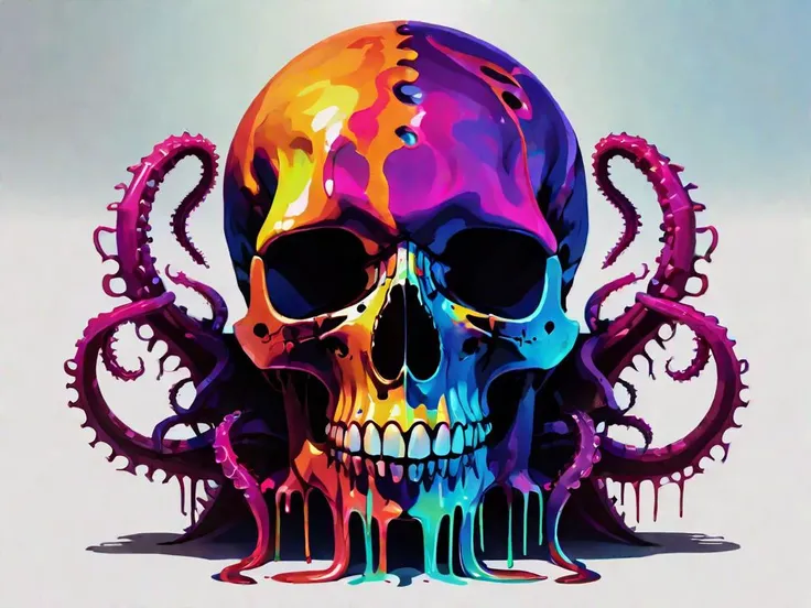 silhouette of a (skull:0.7) dripping with tentacles, digital painting, vivid, global illumination, meticulous, 8k
death to life, neon colors
