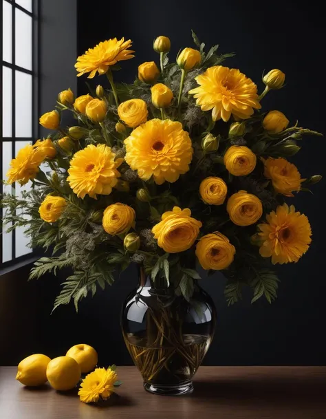 flowers, water, (black background:1.3), best illumination, (extremely detailed hyperrealistic masterpiece), blooming dark yellow flowers, vase bouquet, ArtStation, (best quality), high contrast, bottom 5800K floodlight, game art, photography, detailed, realistic, 8k uhd, high quality