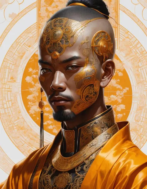 elaborate portrait of a monk by Laurey Greasley and Takeshi Obata, desire to achieve enlightenment, nirvana, yellow, orange, cyberpunk, detailed, realistic, 8k uhd, high quality
