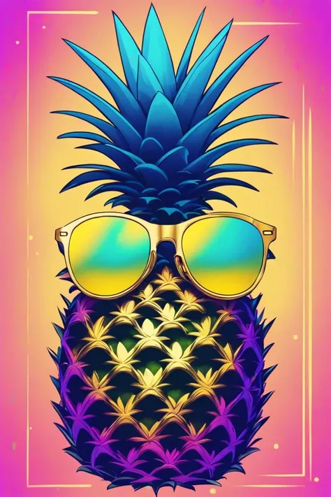(Masterpiece, Best Quality, Highres:1.4), Detailed, (1 single pineapple wearing golden sunglasses), Intricate Details, 4K, color splashes, line art, art, (vaporwave:1.1), stylized, (neon color), blue and teal and violet, super, aura, (retro)