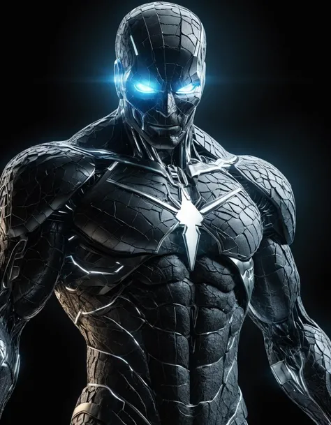 black supersuit, humanoid man made of stone, (light emitting from cracks:1.18), (white electricity), (diamond iridescence), skin pores, rough skin, textured skin, upper body, male, ((masterpiece, best quality)), night, dark theme, muscular, (white hair:1.3), outdoors, (starry sky:1.18), detailed background, analog cinematic, film grain, (close up:0.9), dynamic feel, ambience, hdr, clear detailed eyes, high resolution, emissive glow, (light particles), colorful, detailed, realistic, 8k uhd, high quality