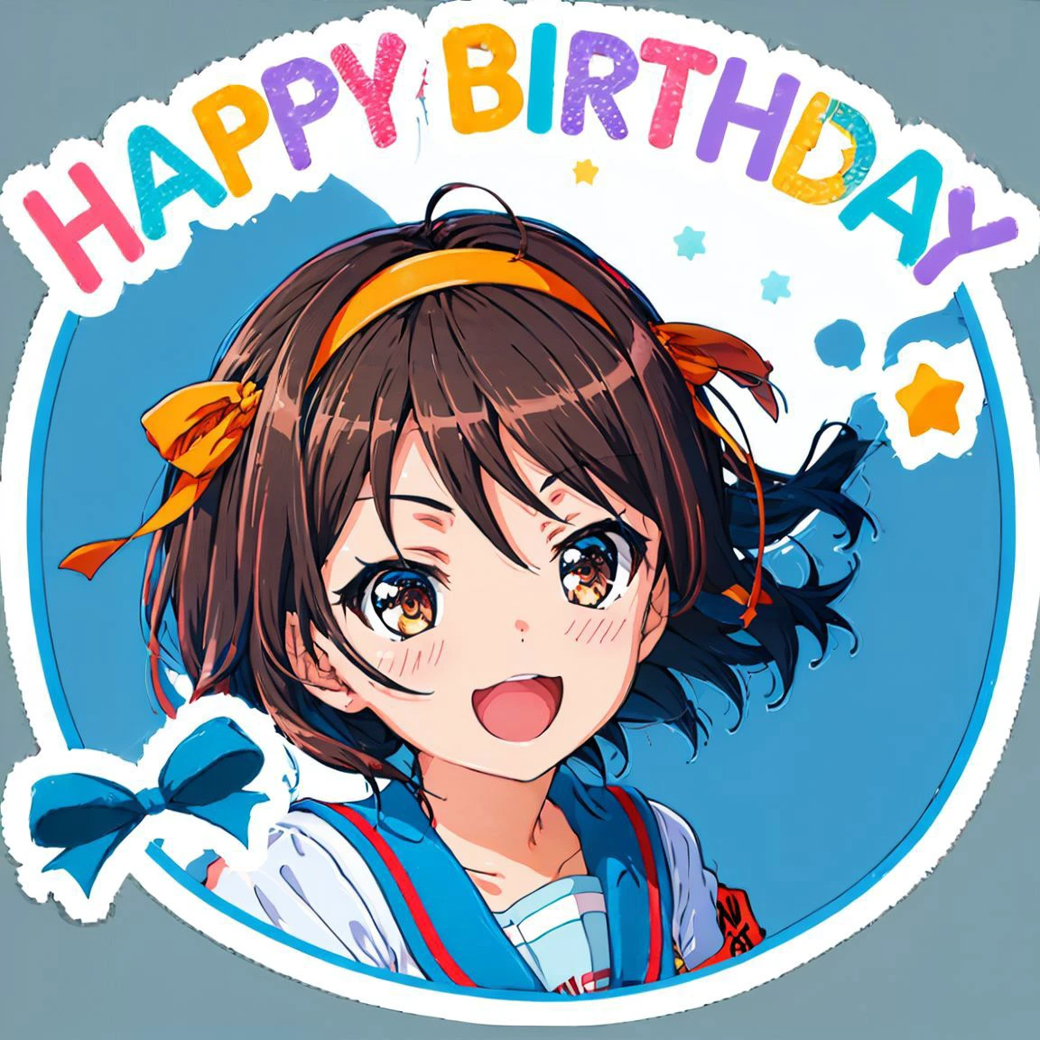 happy birthday,1girl, <lora:happy-birthday-000016:0.7> ,portrait, <lora:suzumiya_haruhi_v10:0.7>, 1girl, suzumiya haruhi, solo, kita high school uniform, blue sailor collar, blue skirt, brown hair, short hair, brown eyes, armband, hairband, medium hair, ribbon, socks, medium breasts