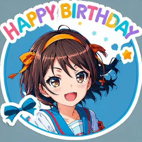 happy birthday,1girl, <lora:happy-birthday-000016:0.7> ,portrait,  <lora:suzumiya_haruhi_v10:0.7>, 1girl, suzumiya haruhi, solo, kita high school uniform, blue sailor collar, blue skirt, brown hair, short hair, brown eyes, armband, hairband, medium hair, ribbon, socks, medium breasts