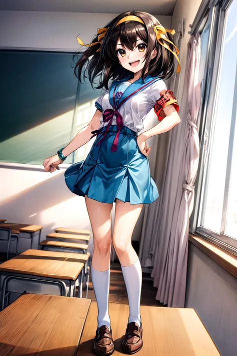 (masterpiece, best quality, detailed), 1girl, solo, looking at viewer <lora:suzumiyaHaruhiSuzumiya_v1:0.7>, suzumiya haruhi, brown hair, short hair, brown eyes, hairband, medium hair, ribbon, kita high school uniform, blue sailor collar, blue skirt, armband, socks, open mouth, smile, indoors, classroom, school desk, window, curtains, from below, school chair, sunlight, on desk, standing, ((standing on desk)), loafers, legs apart, full body