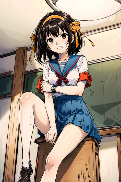 masterpiece, best quality, highres, 1girl, suzumiya haruhi, solo, kita high school uniform, blue sailor collar, sailor collar, blue skirt, brown hair, short hair, brown eyes, armband, hairband, medium hair, ribbon, socks, medium breasts, <lora:suzumiya_haruhi_v10:0.7>, classroom, <lora:LookingDisgusted_V1:0.3>,show feet, look at viewer,image taken from below, full body, (shy), sitting on the desk,((looking disgusted)), disappointed