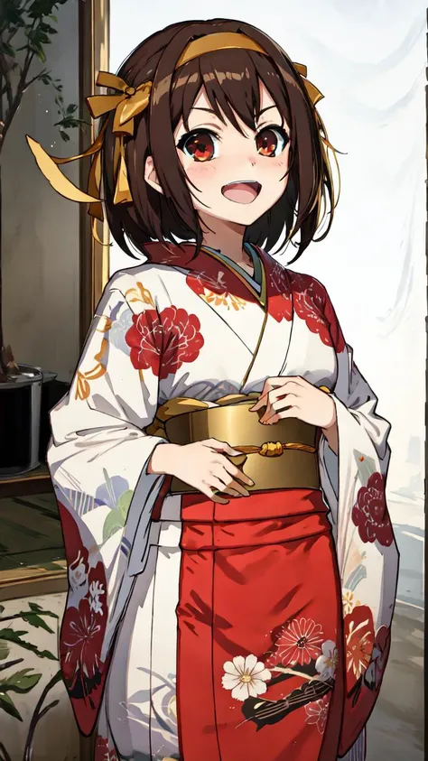 lumen reflections, natural lighting, evocative, triadic color scheme, cowboy shot, elegant, voluptuous:0.6, looking at viewer, 1girl, female, solo, blush, open mouth, smile, teeth, sfw, <lora:suzumiya_haruhi_v1:1>, suzumiya haruhi, kimono, (red and white kimono), design, gold design, gold design on kimono